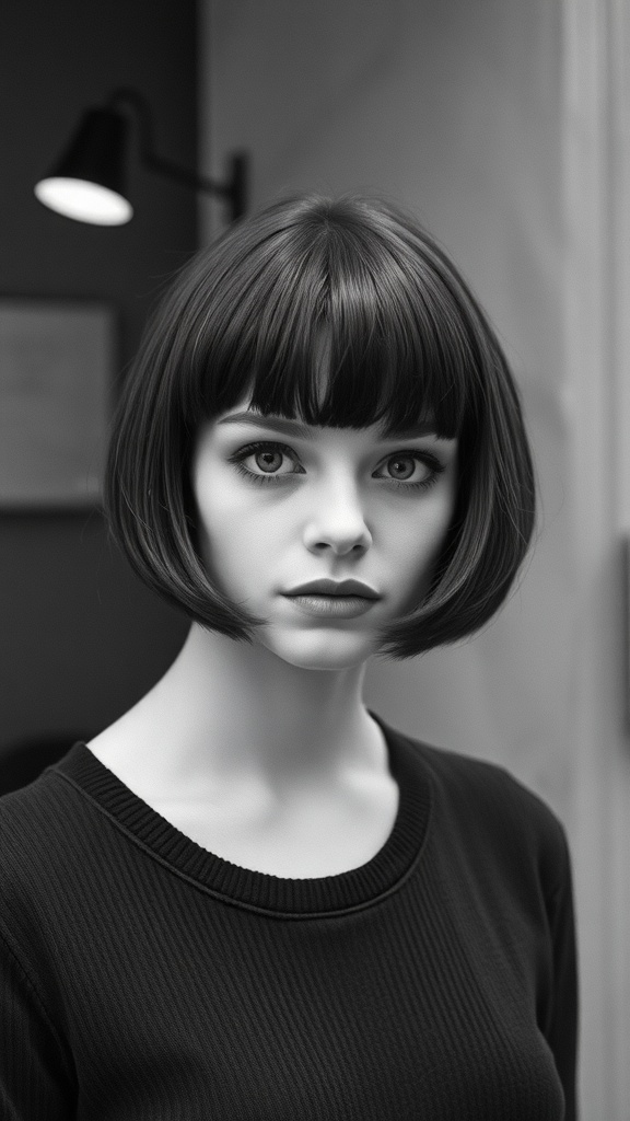 A woman with a vintage-inspired French bob hairstyle featuring straight hair and blunt bangs.