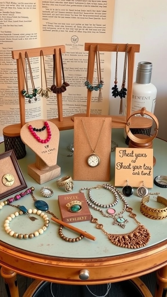 A colorful display of vintage-inspired jewelry including necklaces, bracelets, and rings on a table.