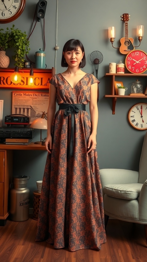 A woman wearing a vintage-inspired long frock with a modern twist, standing in a stylish room.