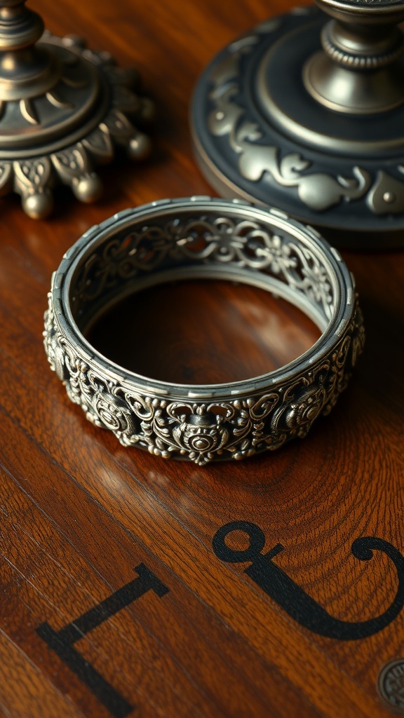 A vintage-inspired ornate silver bracelet resting on a wooden surface.