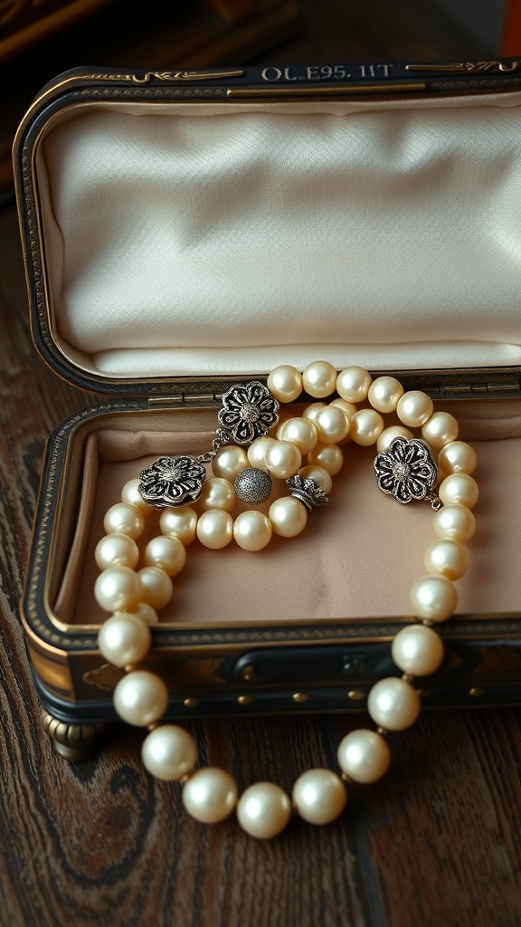 A vintage-inspired pearl necklace displayed in a decorative box, featuring intricate silver designs.
