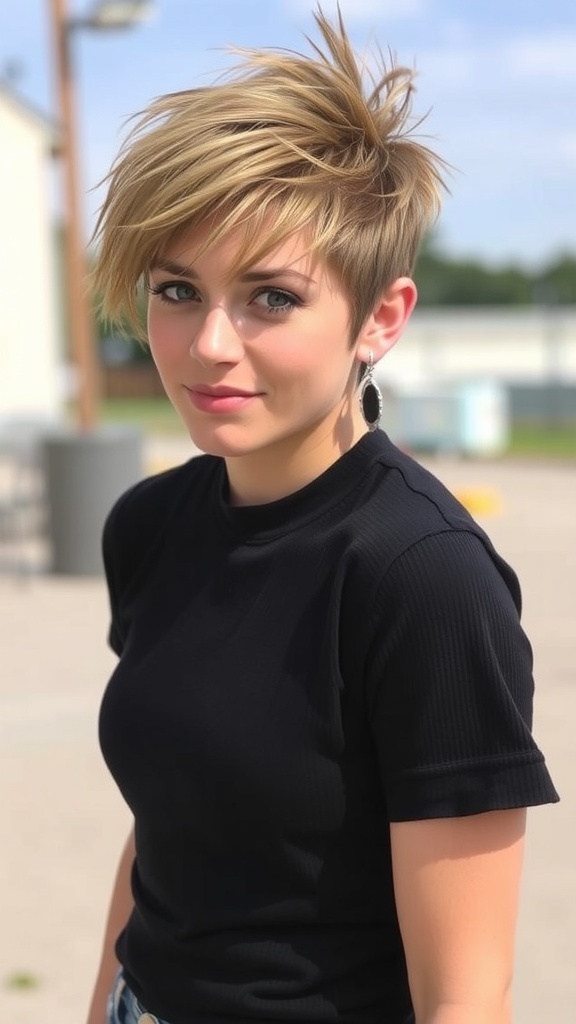 A model with vintage-inspired short hair and pin-up bangs, showcasing a chic hairstyle and bold makeup.