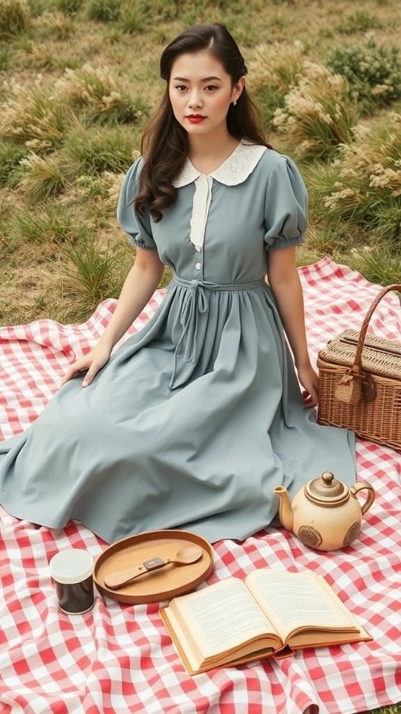 A woman in a vintage-inspired blue tea dress sitting on a picnic blanket with a wicker basket and a teapot.