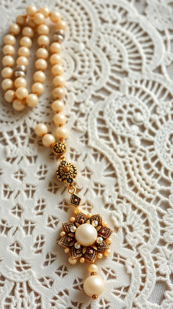 A vintage beaded necklace with creamy beads and a floral pendant on a lace background.