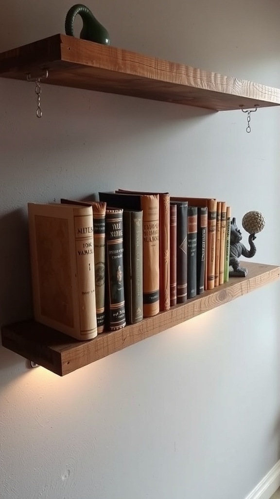 A floating shelf displaying a vintage book collection with decorative items