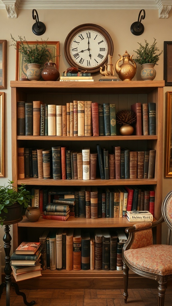 A vintage bookshelf filled with books, a clock above, and decorative items.