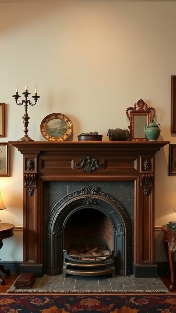 A vintage wooden fireplace mantel with decorative items and soft lighting.