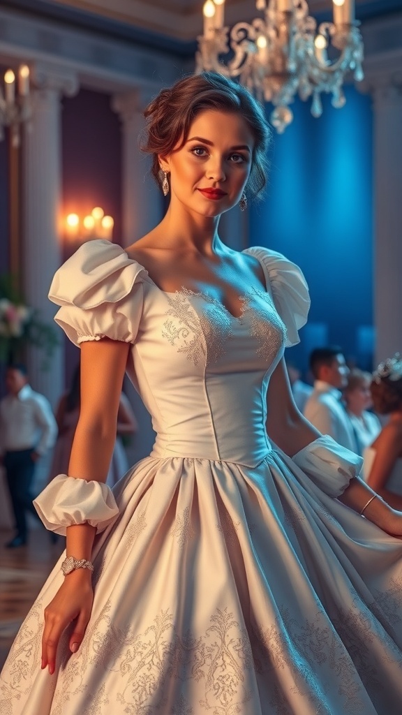 A vintage-style Cinderella dress displayed in an elegant setting with soft lighting.