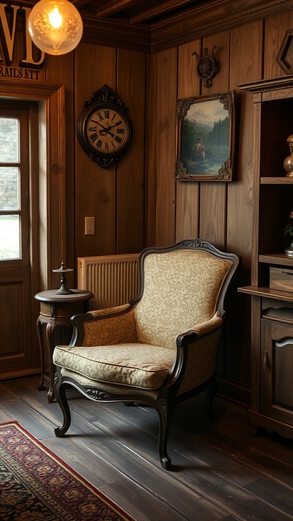 A vintage corner chair with a patterned cushion, placed in a cozy wooden room.