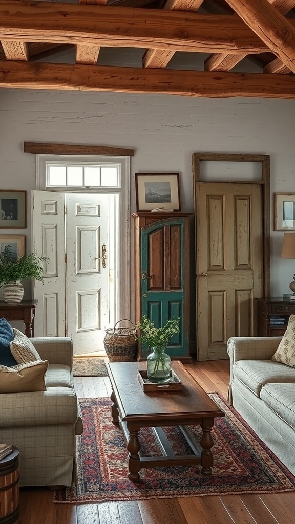 A cozy living room featuring vintage doors as separators, with wooden beams and natural light.