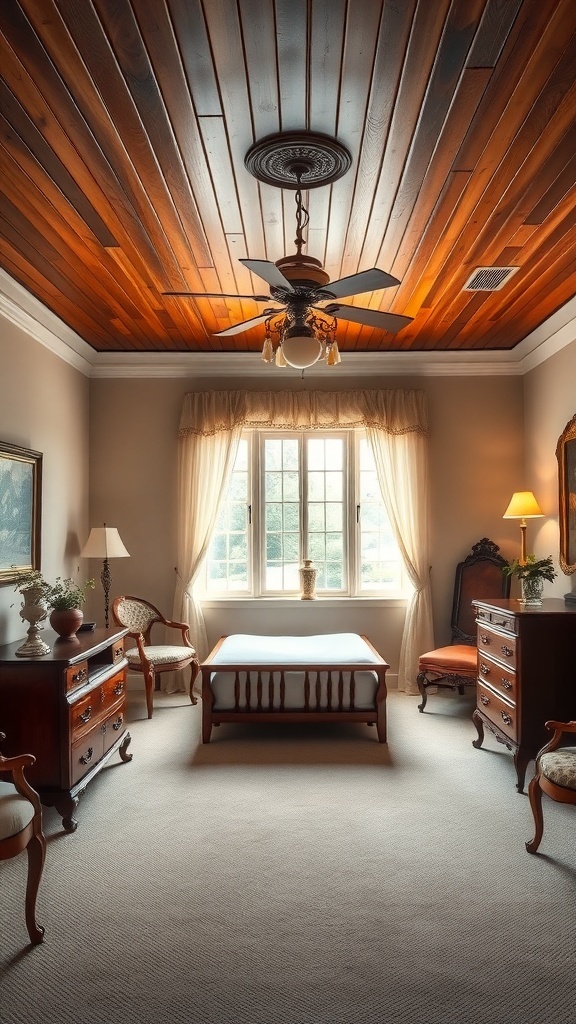A cozy room featuring a stained wood beadboard ceiling, vintage furniture, and warm lighting.