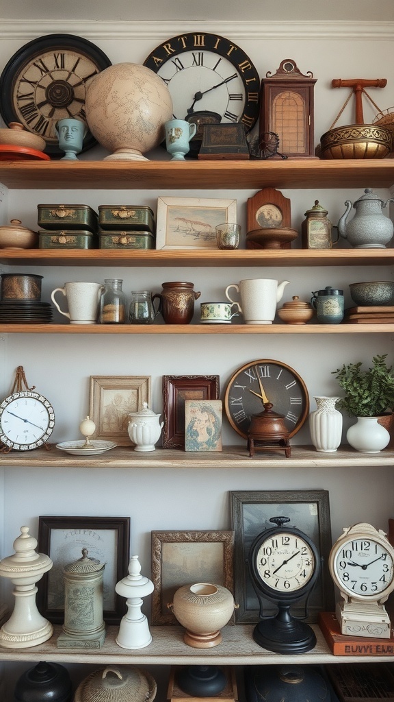 A collection of vintage items displayed on wooden shelves, including clocks, a globe, jars, and framed pictures.