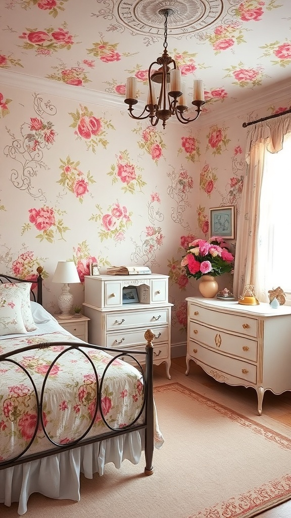 A vintage floral bedroom with pink rose wallpaper, a floral bedspread, and elegant furniture.