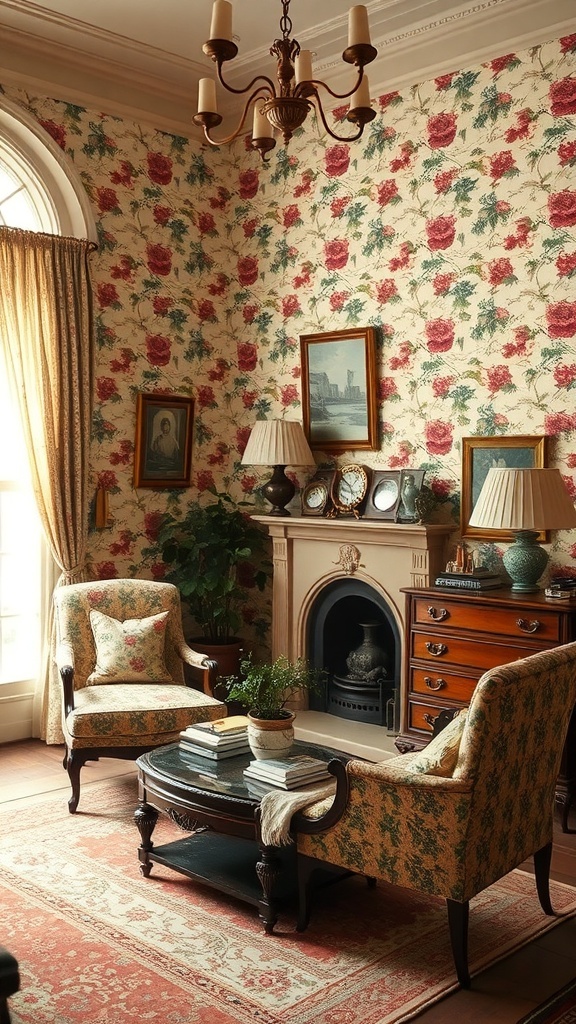 A vintage living room with floral wallpaper, patterned chairs, and elegant decor
