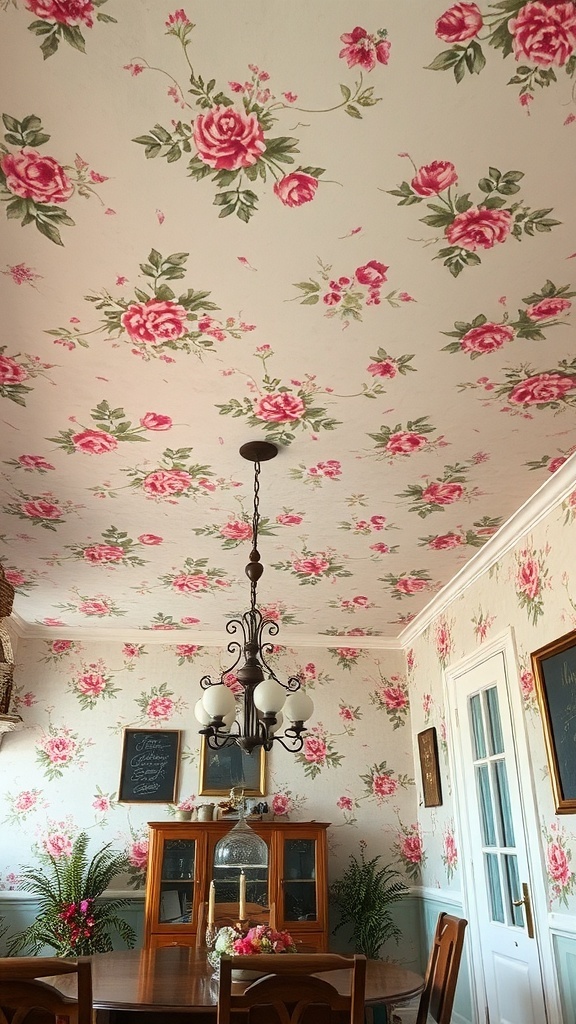 A dining room with vintage floral wallpaper on the ceiling and walls, featuring pink roses and green leaves.