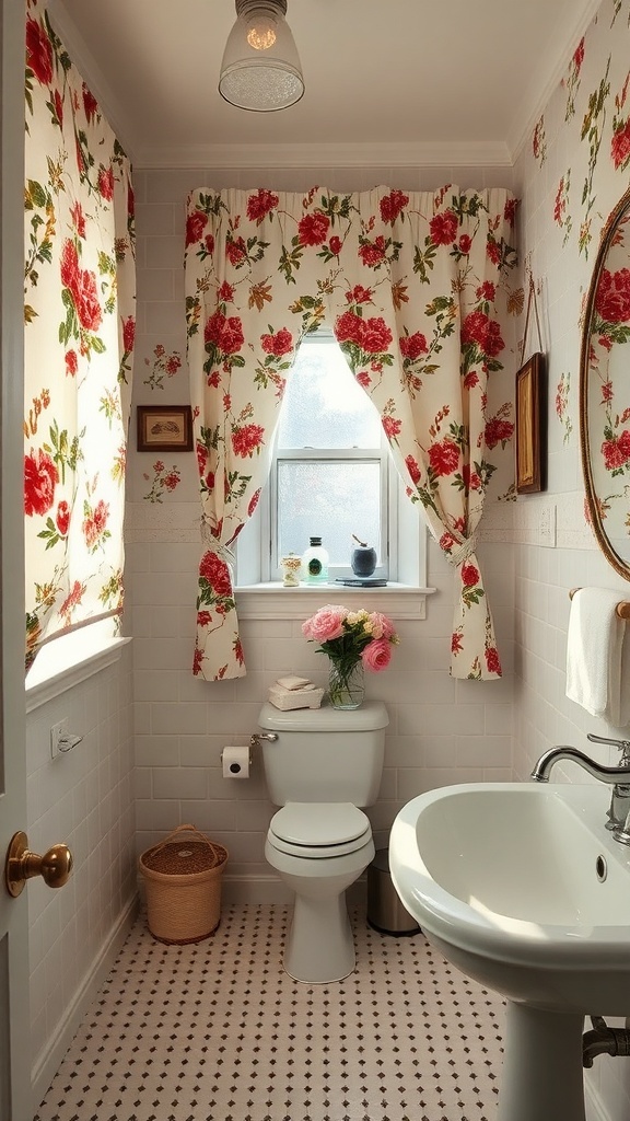A vintage-style bathroom with floral print curtains, featuring a small window, a sink, and a toilet.