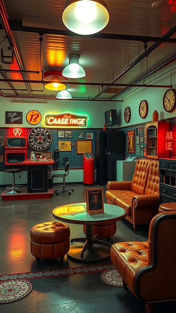 A vintage garage lounge featuring leather furniture, neon signs, and retro decor.