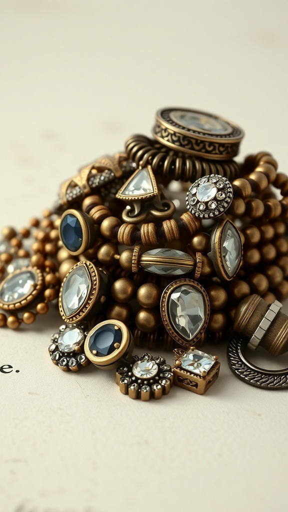 A collection of vintage-inspired stacked jewelry featuring beads and stones in various shapes and colors.