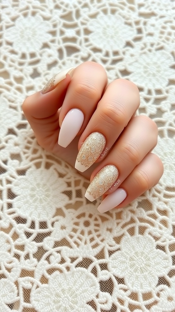 Bridal nails featuring vintage lace patterns in white and gold