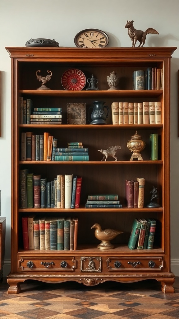 A vintage low bookshelf filled with books and decorative items, showcasing wooden craftsmanship.