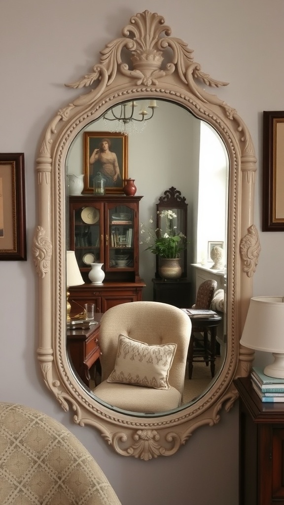 An ornate vintage mirror reflecting a cozy room with classic furniture.