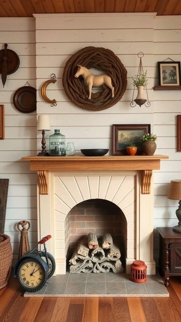 A vintage shiplap fireplace with a wooden mantel, surrounded by antique decor, including a horse figurine, vintage clocks, and potted plants.