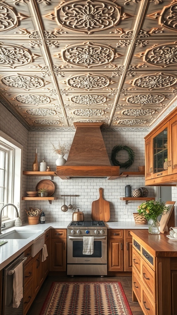 A kitchen featuring vintage tin ceiling tiles with intricate designs, wooden cabinets, and a cozy atmosphere.