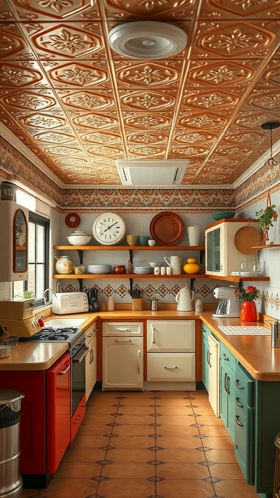 A kitchen featuring a vintage tin tile ceiling with intricate designs and colorful cabinetry.