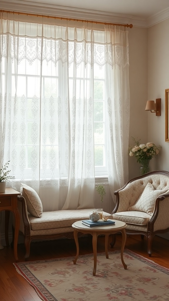 A cozy room with white lace curtains, vintage furniture, and a warm atmosphere.