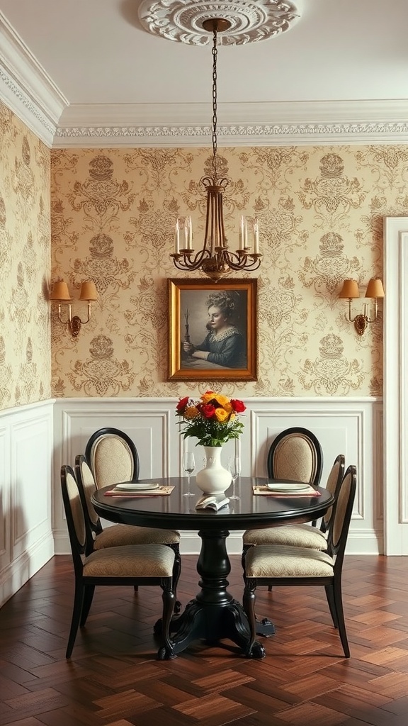 A dining area featuring vintage wallpaper above white half wall paneling, a round black table, and elegant lighting.