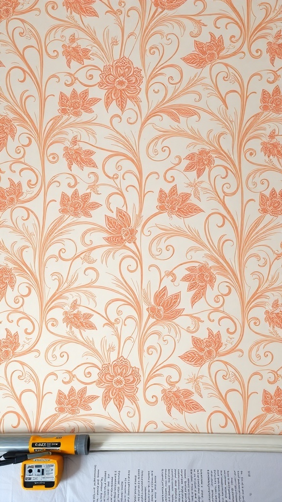 Vinyl wallpaper with a floral pattern in peach and cream colors, with tools for installation.