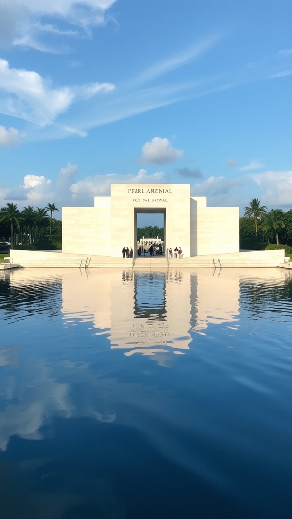 Pearl Harbor Memorial reflecting in the water with palm trees and blue sky