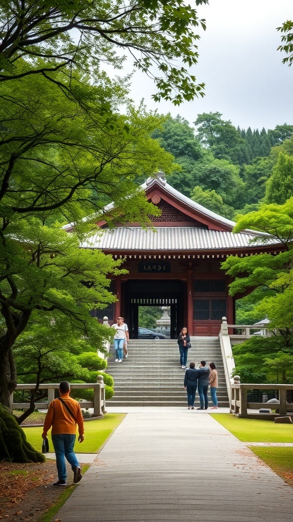 A serene temple entrance surrounded by greenery, with visitors walking towards it.