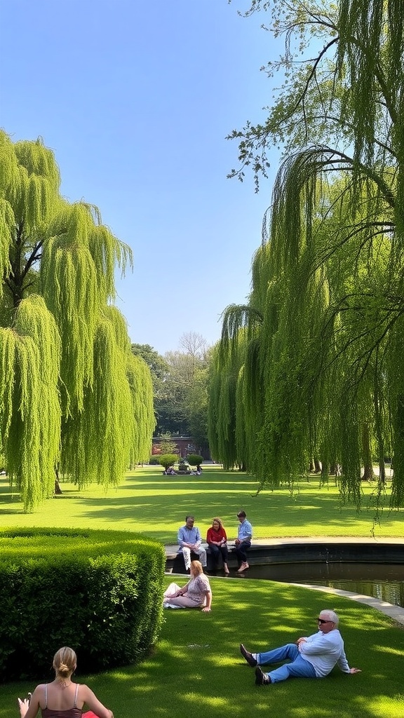 A peaceful scene in Vondelpark with people relaxing on the grass and a pond in the background.