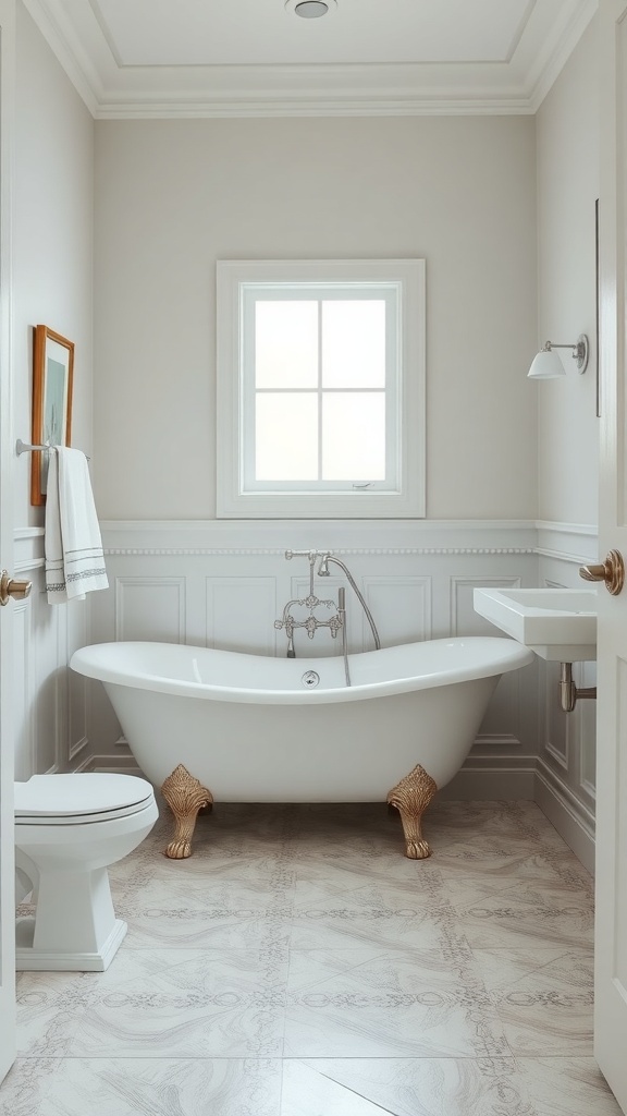A stylish bathroom featuring wainscoting, a freestanding bathtub with ornate feet, and a bright window.