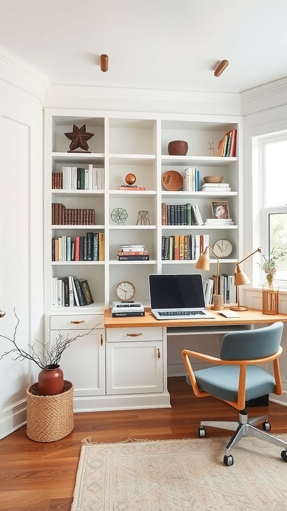 A cozy workspace featuring white wainscoting and built-in shelving with books and decorative items.