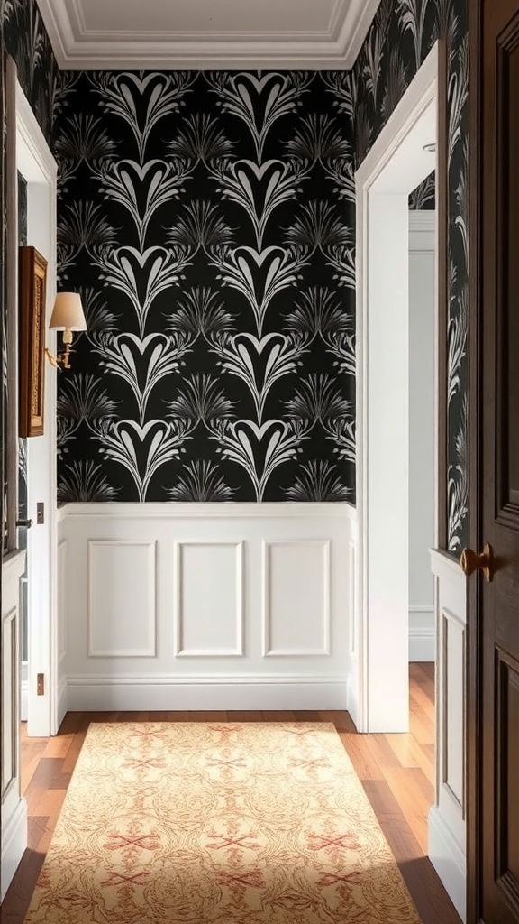 A hallway featuring white wainscoting and bold black wallpaper with a floral pattern.