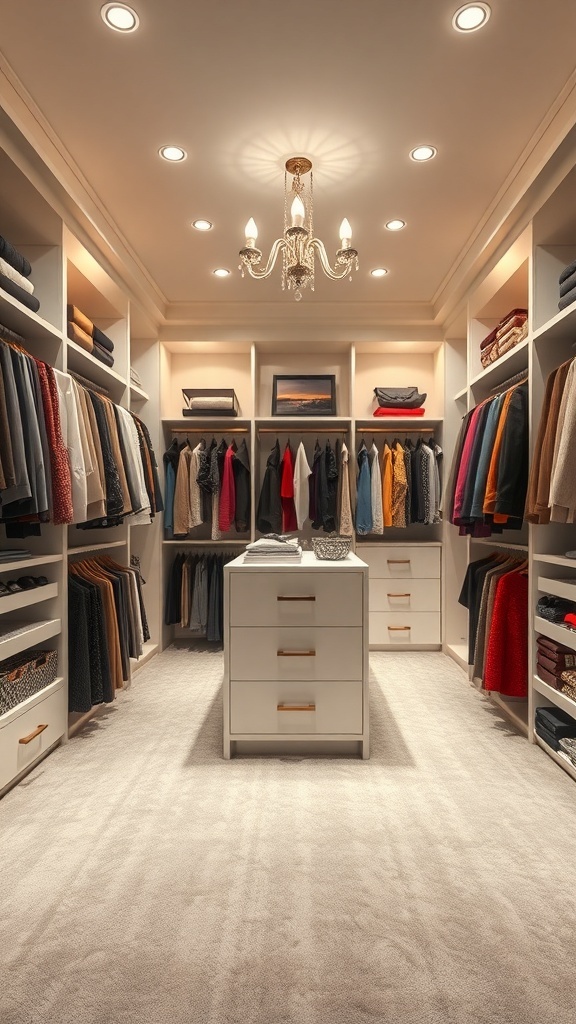A luxurious walk-in closet featuring organized clothing, a central island with drawers, and elegant lighting.