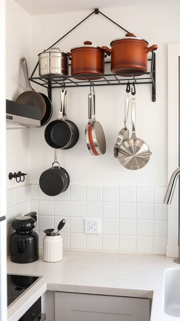 A wall-mounted pot rack displaying various pots and pans in a modern kitchen.