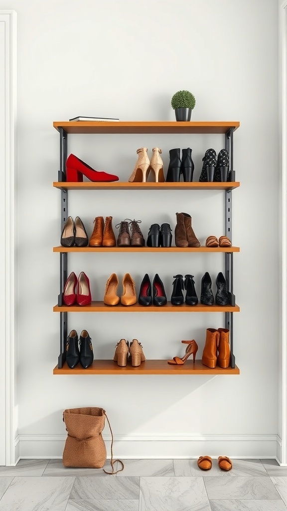 A modern wall-mounted shoe shelf displaying various styles of shoes, including heels and boots, with a small plant on top.