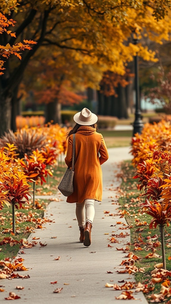 A woman walking in a park during autumn, wearing a warm orange coat and a hat, surrounded by colorful fall foliage.