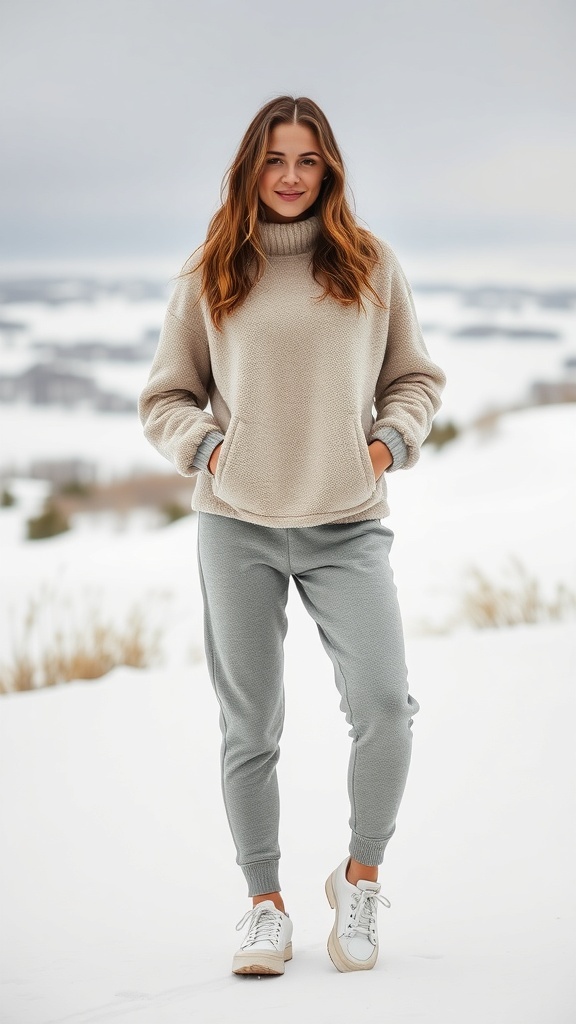 A woman wearing a warm fleece pullover and joggers, standing in a snowy landscape.