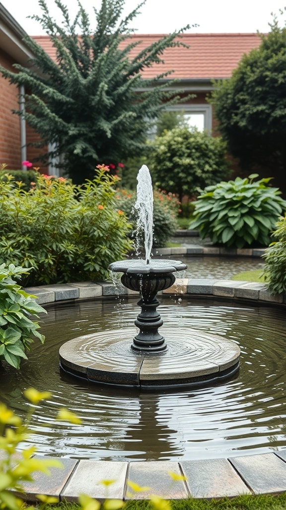A beautiful garden fountain surrounded by greenery, creating a tranquil atmosphere.