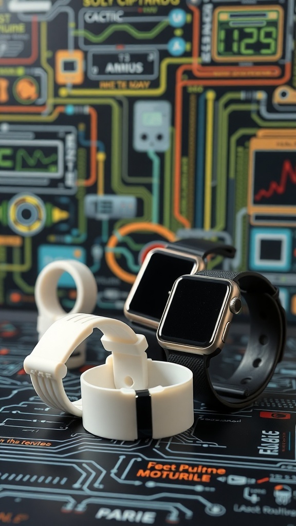 A variety of smartwatch bands and accessories displayed against a colorful tech background.