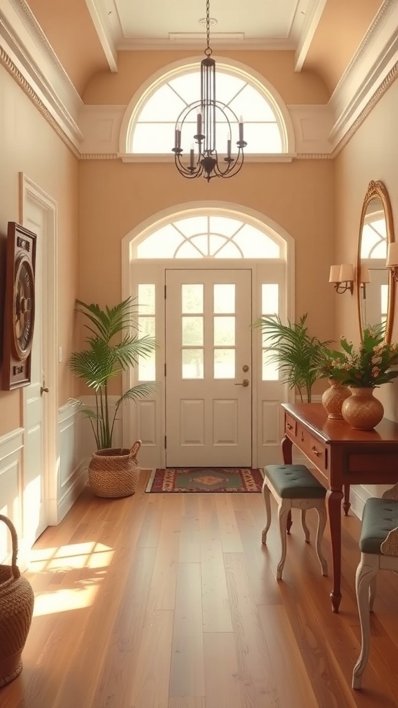 A warm and inviting foyer with beige walls, wooden flooring, potted plants, and a chandelier.