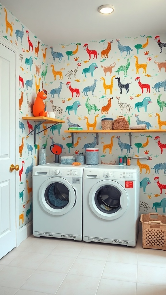 A laundry room with whimsical animal wallpaper featuring colorful animals and white washing machines.