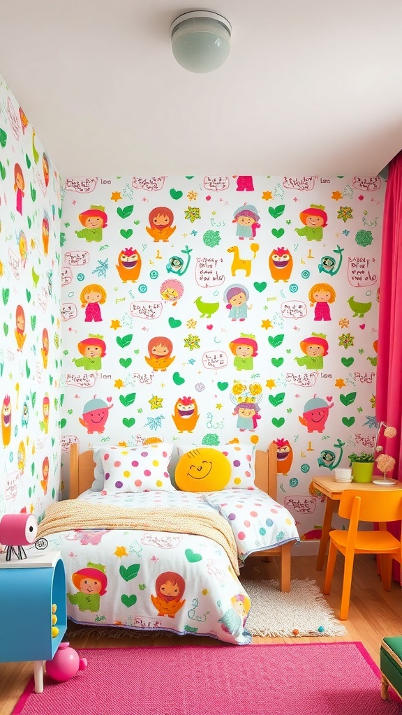 A colorful children's bedroom with whimsical wallpaper featuring playful characters and bright bedding.
