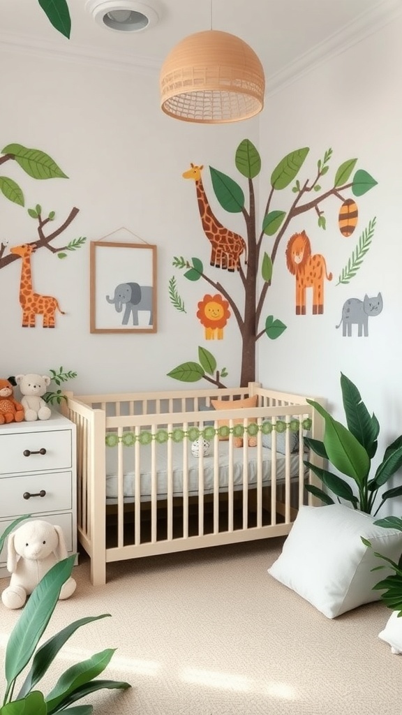 A baby room with a whimsical jungle theme featuring animal decals, a wooden crib, and potted plants.