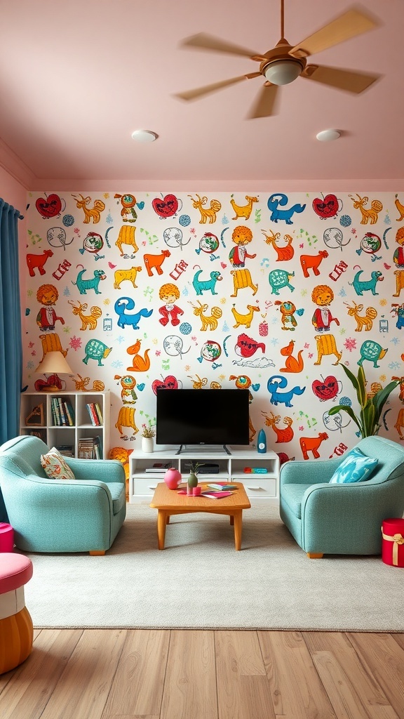A colorful living room with whimsical wallpaper featuring animals and children, turquoise sofas, and a playful coffee table.