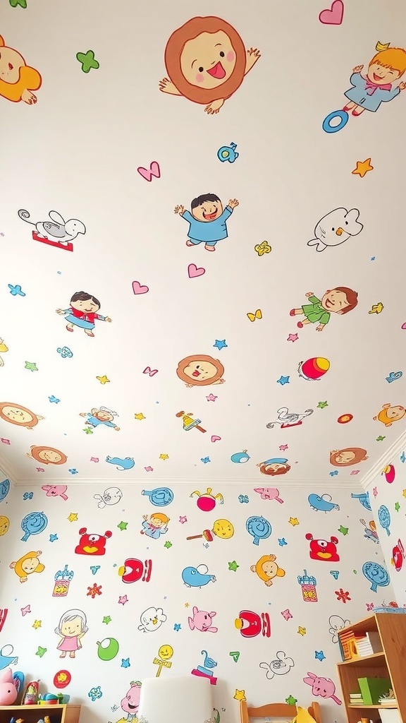 Colorful ceiling wallpaper featuring playful characters and shapes for kids' rooms.